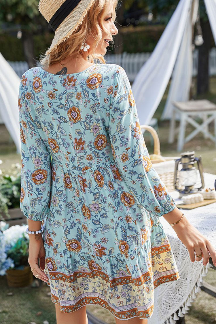 Prairie Tie Neck Half Button Floral Printed Boho Chic Mini Dress - Blue  Fashionpara
