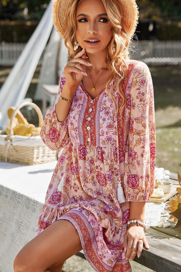 Prairie Tie Neck Half Button Floral Printed Boho Chic Mini Dress - Pink  Fashionpara