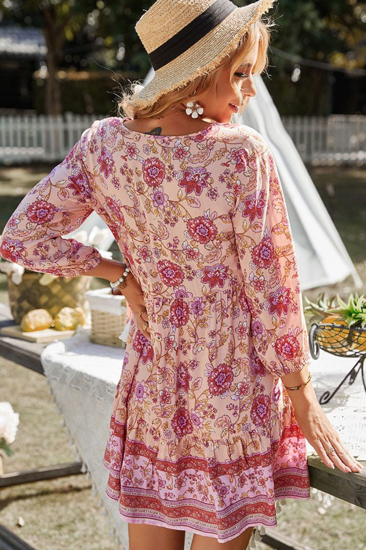 Prairie Tie Neck Half Button Floral Printed Boho Chic Mini Dress - Pink  Fashionpara