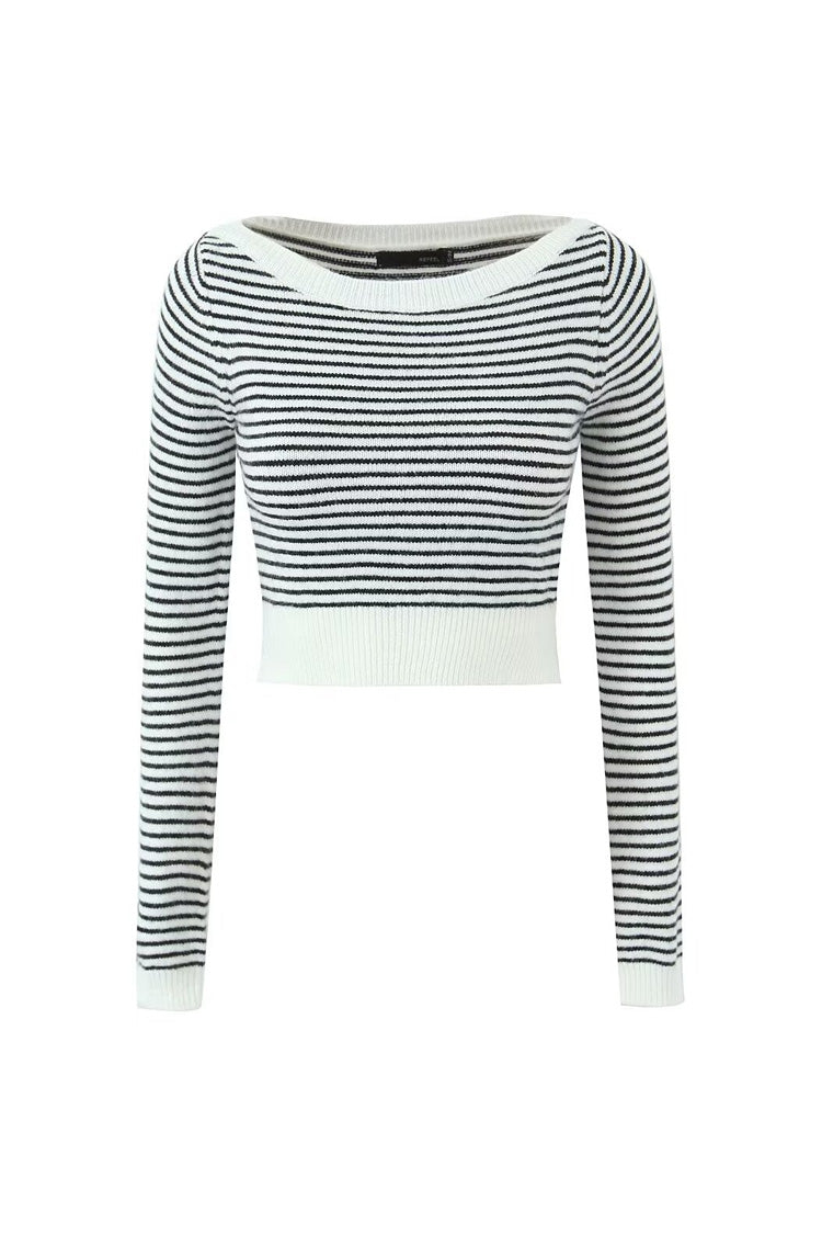 Rosedress Black and White Striped Cropped Knit Sweater