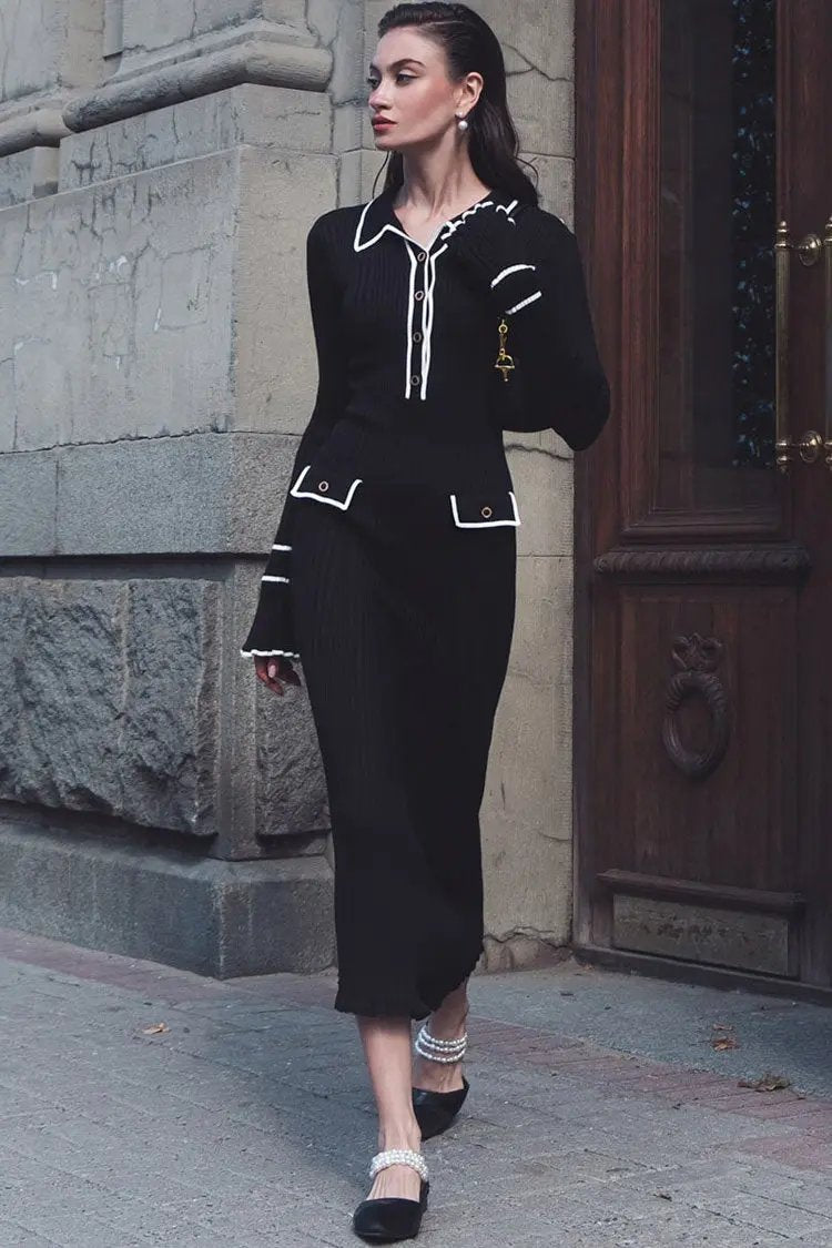 Preppy Chic Contrast Collar Button Up Long Sleeve Ribbed Knit Sweater Midi Dress - Black  Fashionpara