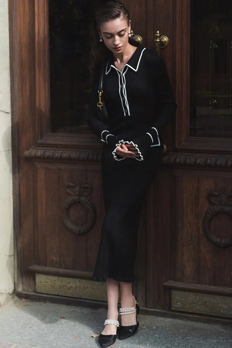 Preppy Chic Contrast Collar Button Up Long Sleeve Ribbed Knit Sweater Midi Dress - Black  Fashionpara