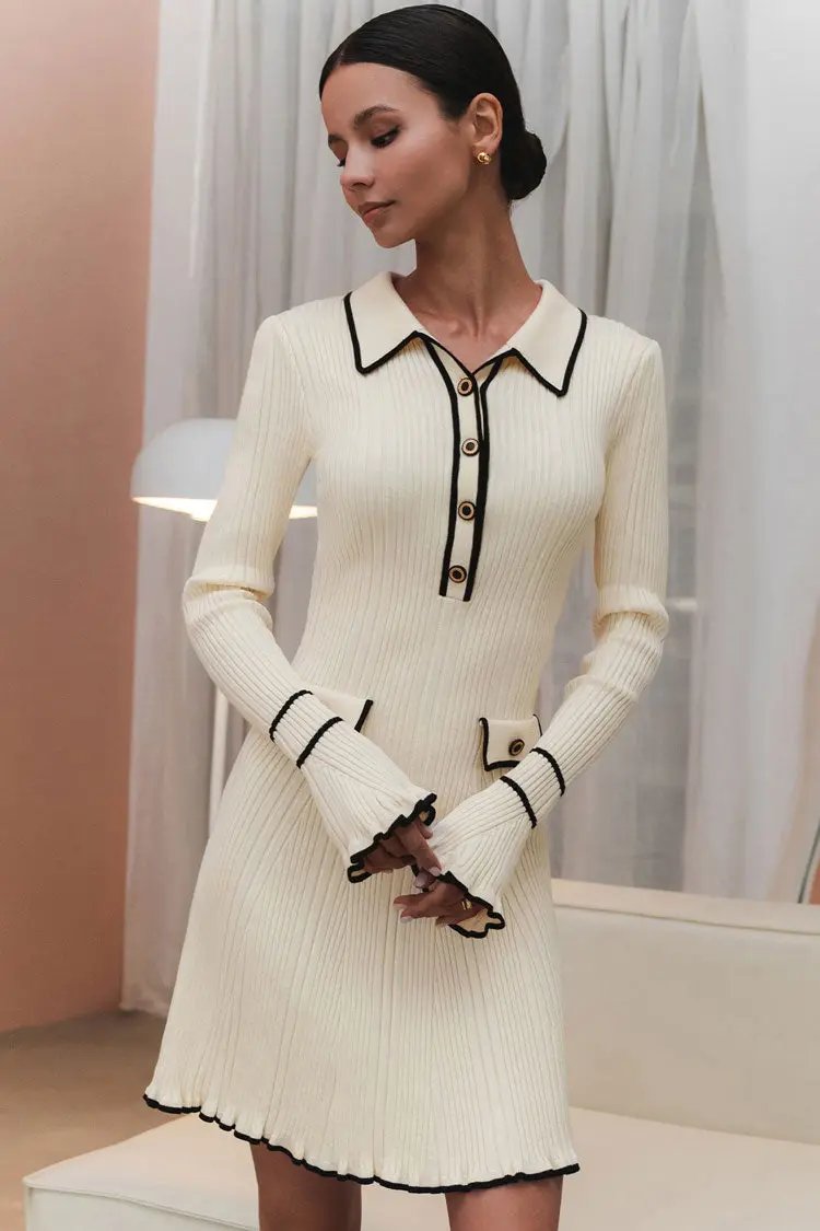 Preppy Chic Contrast Collar Button Up Long Sleeve Ribbed Knit Sweater Mini Dress - Beige  Fashionpara
