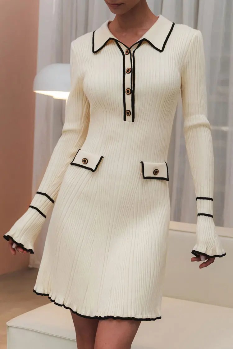 Preppy Chic Contrast Collar Button Up Long Sleeve Ribbed Knit Sweater Mini Dress - Beige  Fashionpara