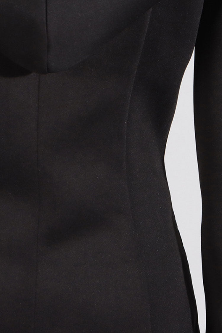 Preppy Deep V Spread Hooded Long Sleeve Slanted Panel Fluted Mini Dress - Fashionpara