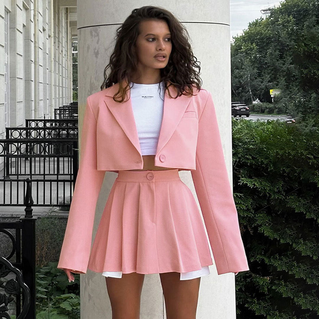 Preppy One Button Crop Blazer High Waist Pleated Mini Skirt Matching Set