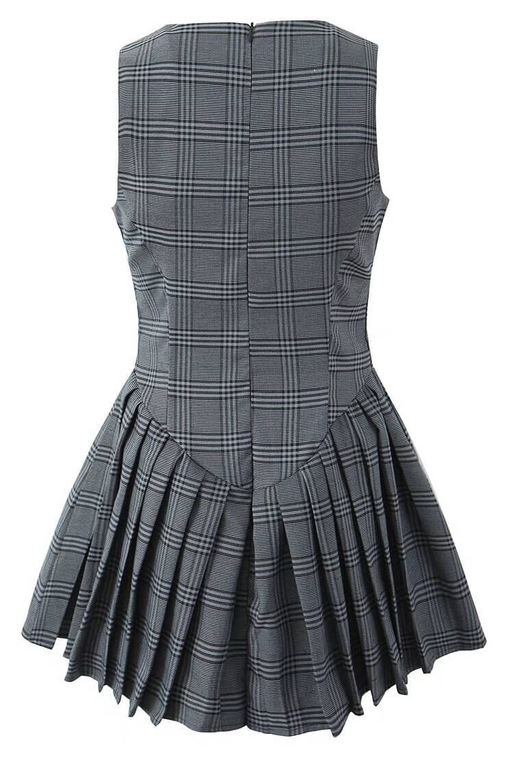 Preppy Plaid Print Crew Neck Sleeveless Drop Waist Pleated Mini Dress