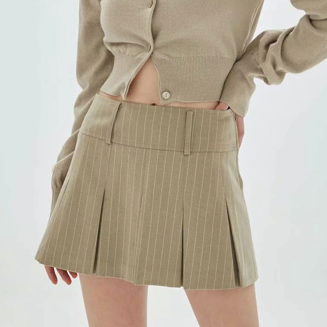 Preppy Style Stripe Print High Waist Pleated Mini Skirt - Khaki - Fashionpara