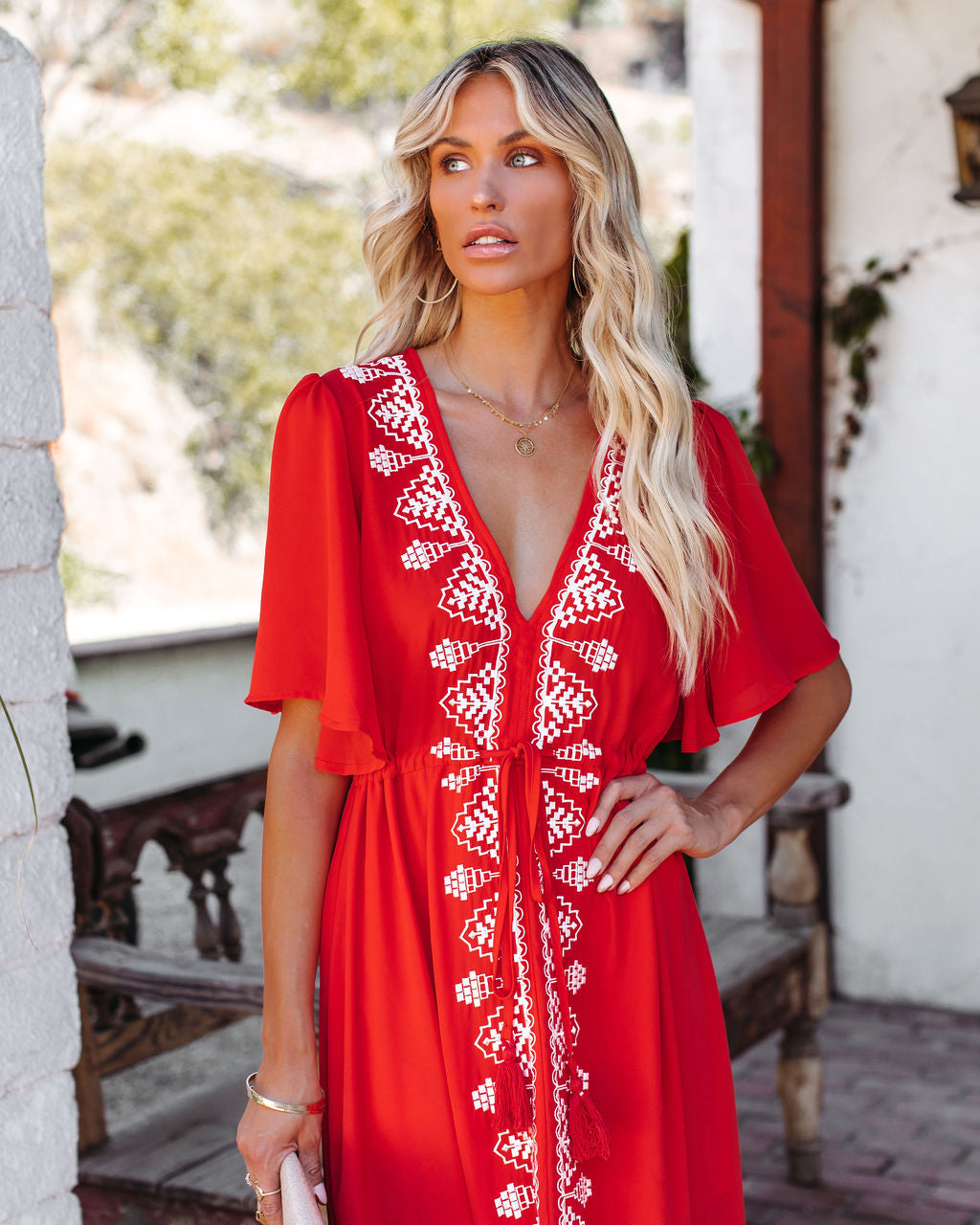 Embroidered V-Neck Flutter Sleeve Midi Dress