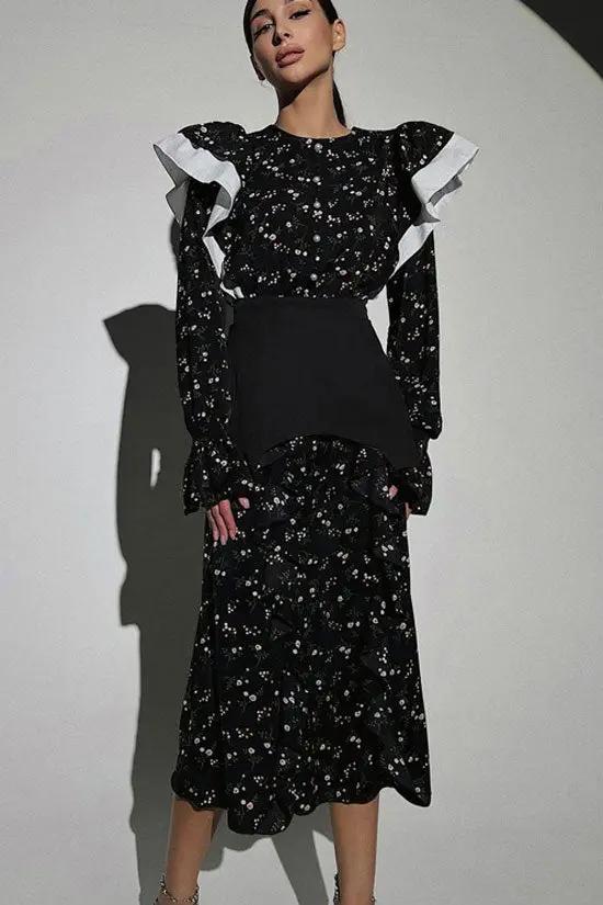 Pretty Crew Neck Ruffle Long Sleeve Belted Floral Printed Midi Dress - Black  Fashionpara