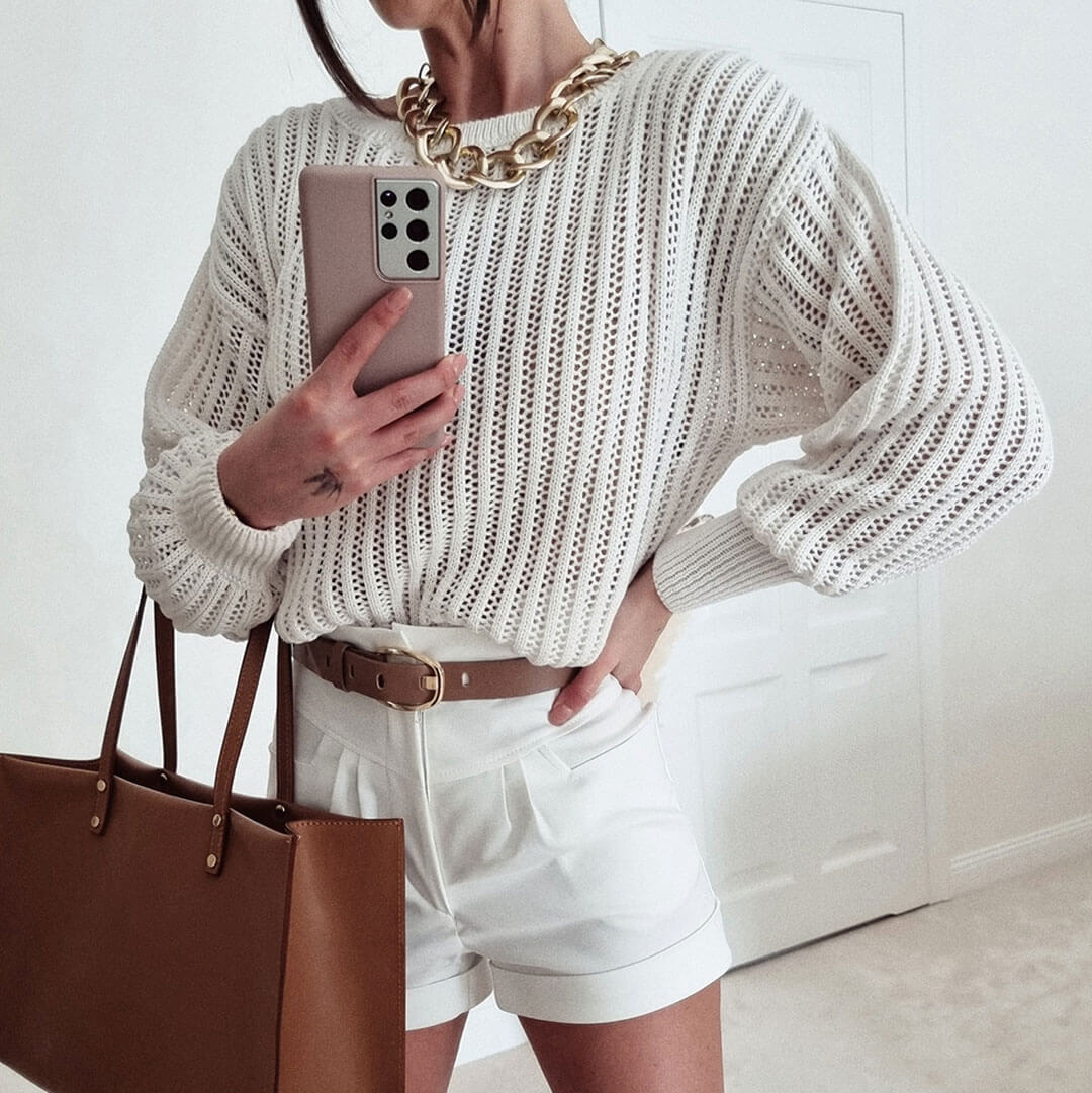 Pretty Crochet Knit Drop Shoulder Bishop Sleeve Crew Neck Sweater - White 3
