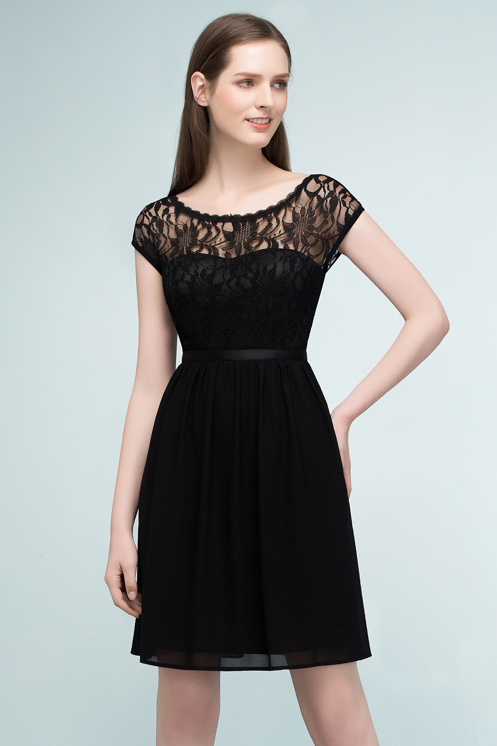 Pretty Scoop Sleeveless Black Lace Short Junior Bridesmaid Dresses - Fashionpara