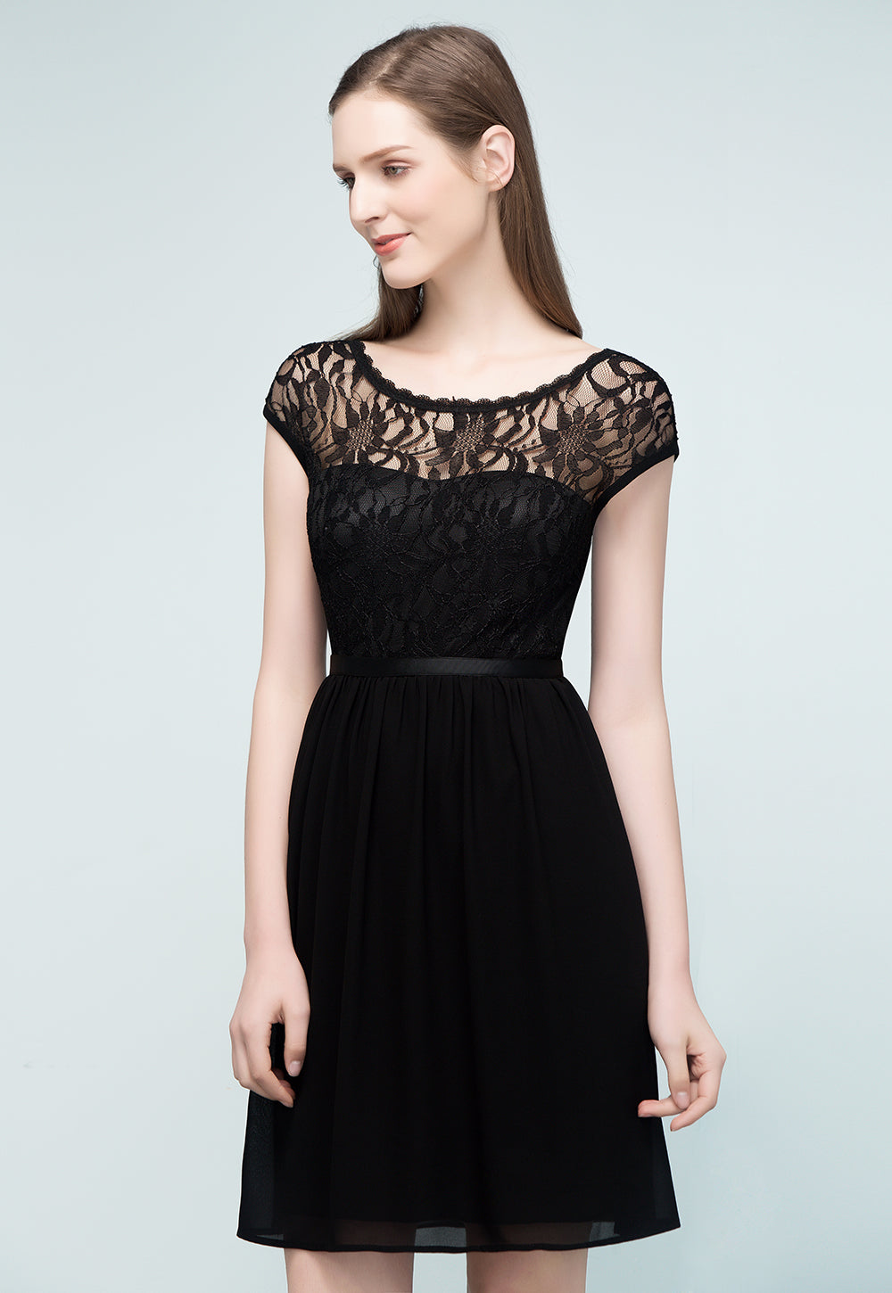 Pretty Scoop Sleeveless Black Lace Short Junior Bridesmaid Dresses - Fashionpara