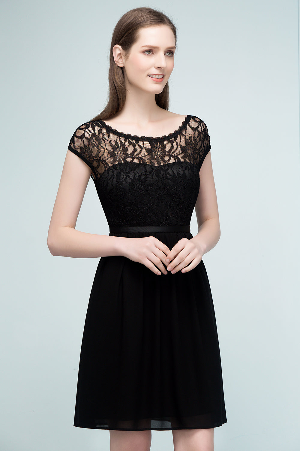 Pretty Scoop Sleeveless Black Lace Short Junior Bridesmaid Dresses - Fashionpara