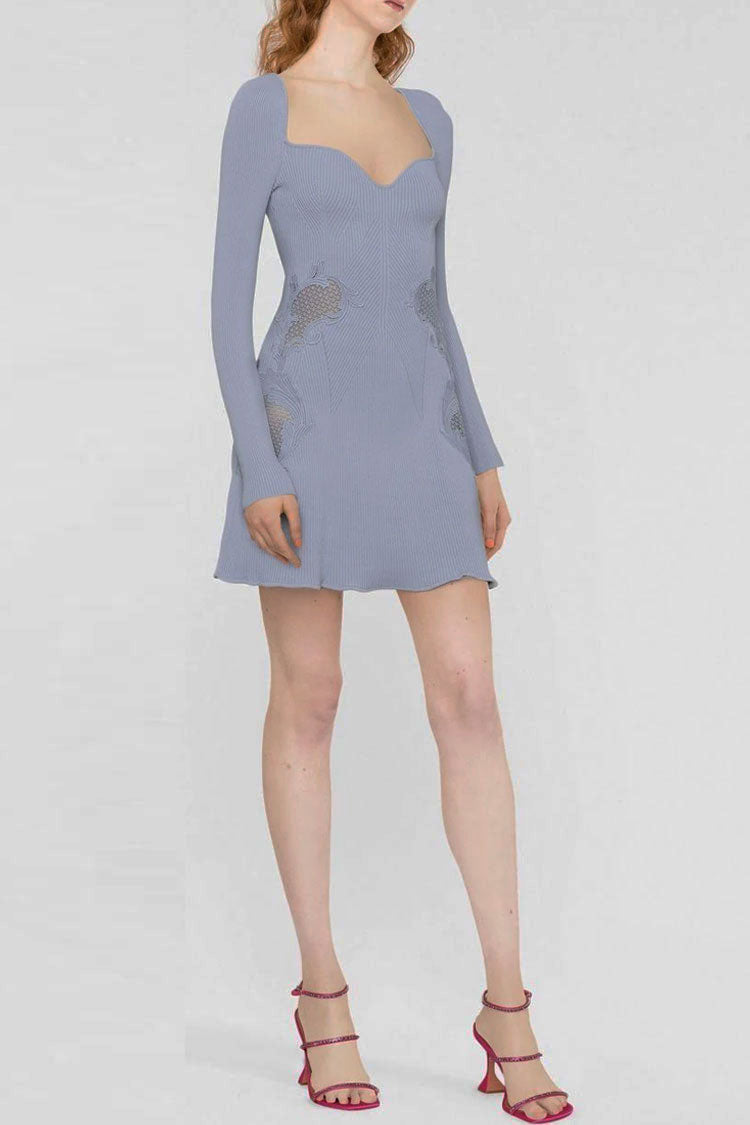Pretty Sweetheart Long Sleeve Lace Trim Sweater Mini Dress - Blue
