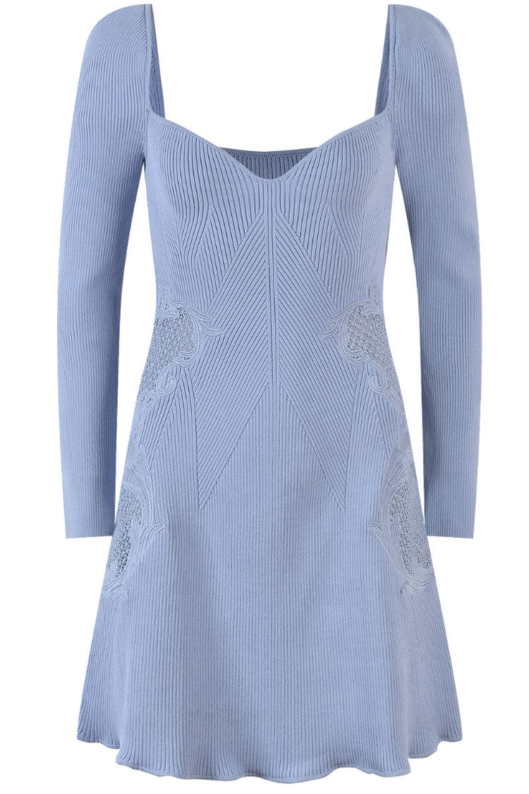 Pretty Sweetheart Long Sleeve Lace Trim Sweater Mini Dress - Blue - View 3