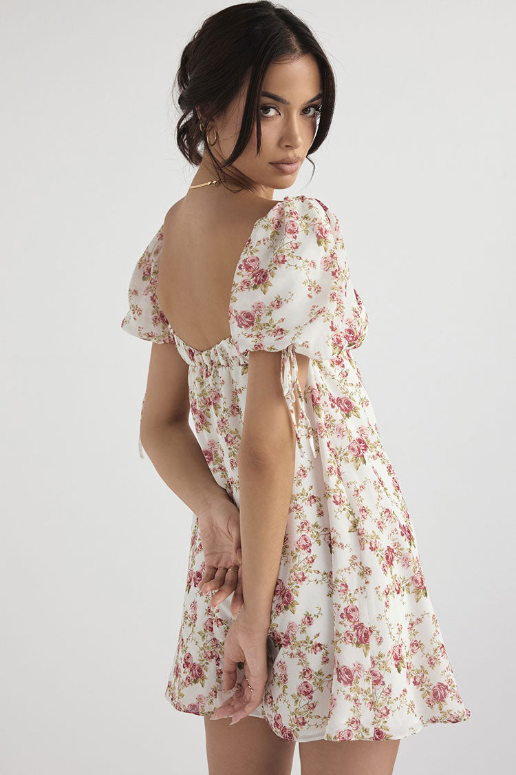 Pretty Tie Strap Puff Sleeve Printed Babydoll Mini Sundress - Floral  Fashionpara