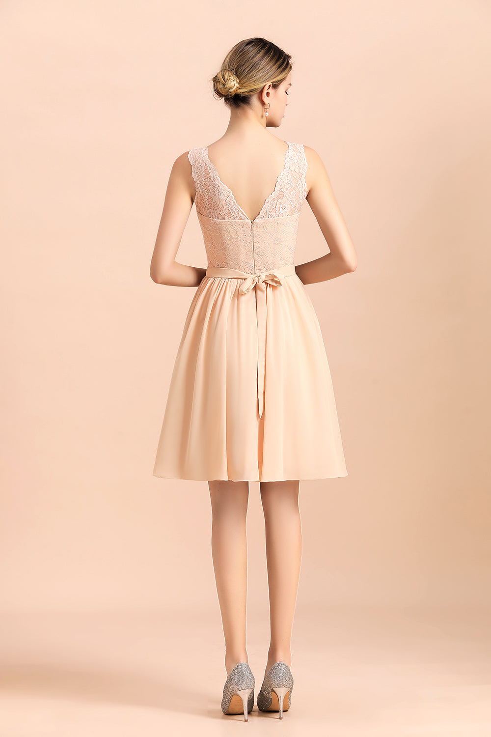 Pretty V-Neck Chiffon Lace Short Bridesmaid Dresses with Ruffles - Fashionpara