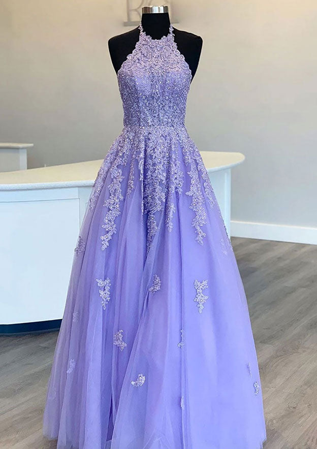 Princess Halter Long/Floor-Length Laced Tulle Prom Dress/Evening Dress with Appliqued Beading - Fashionpara