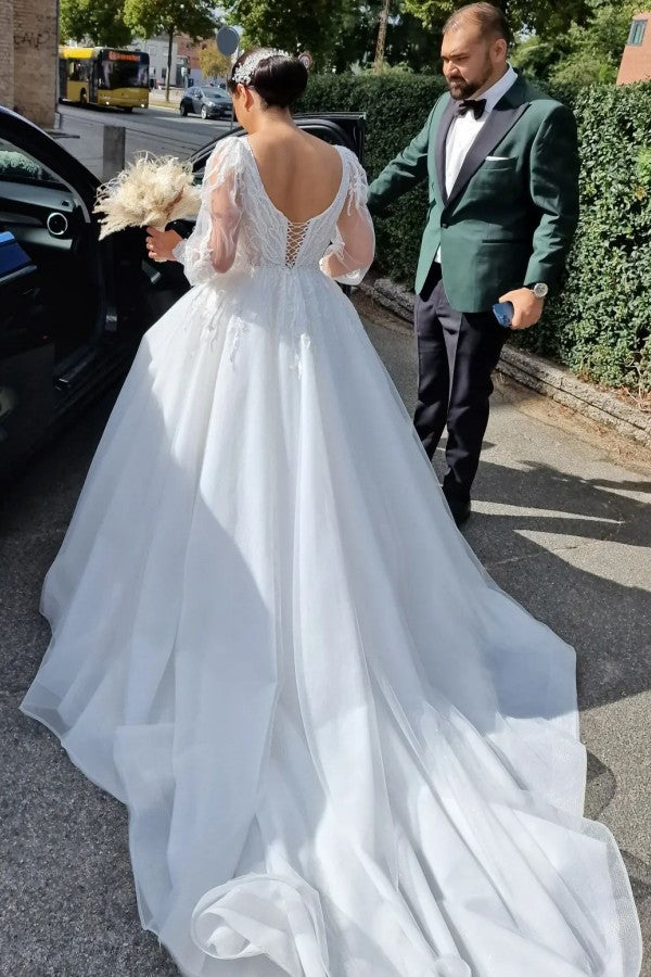 Princess Long V-Neck A-Line Lace Wedding Dress with Long Sleeves - Fashionpara
