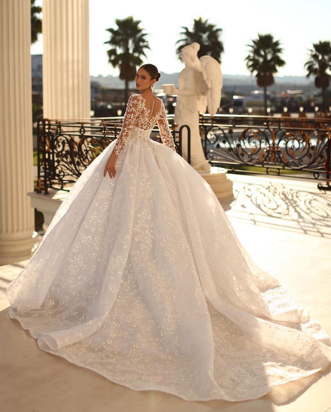 Princess-Inspired Long White A-line V-neck Lace Wedding Dress with Graceful Long Sleeves - Fashionpara