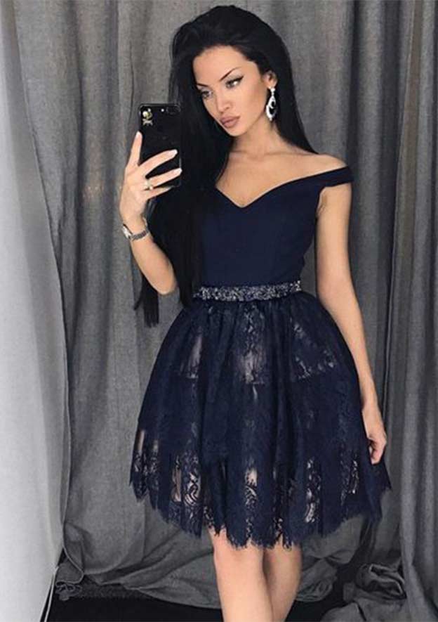 Princess Off-the-Shoulder Sleeveless Lace Homecoming Dress with Beading - Fashionpara