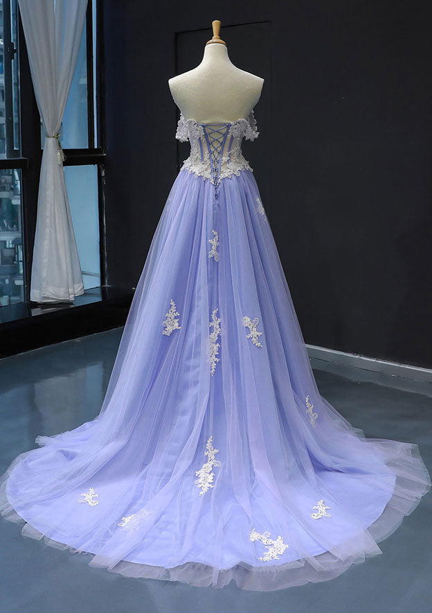Princess Off-the-Shoulder Sweep Train Tulle Satin Prom Dress/Evening Dress with Applique - Fashionpara