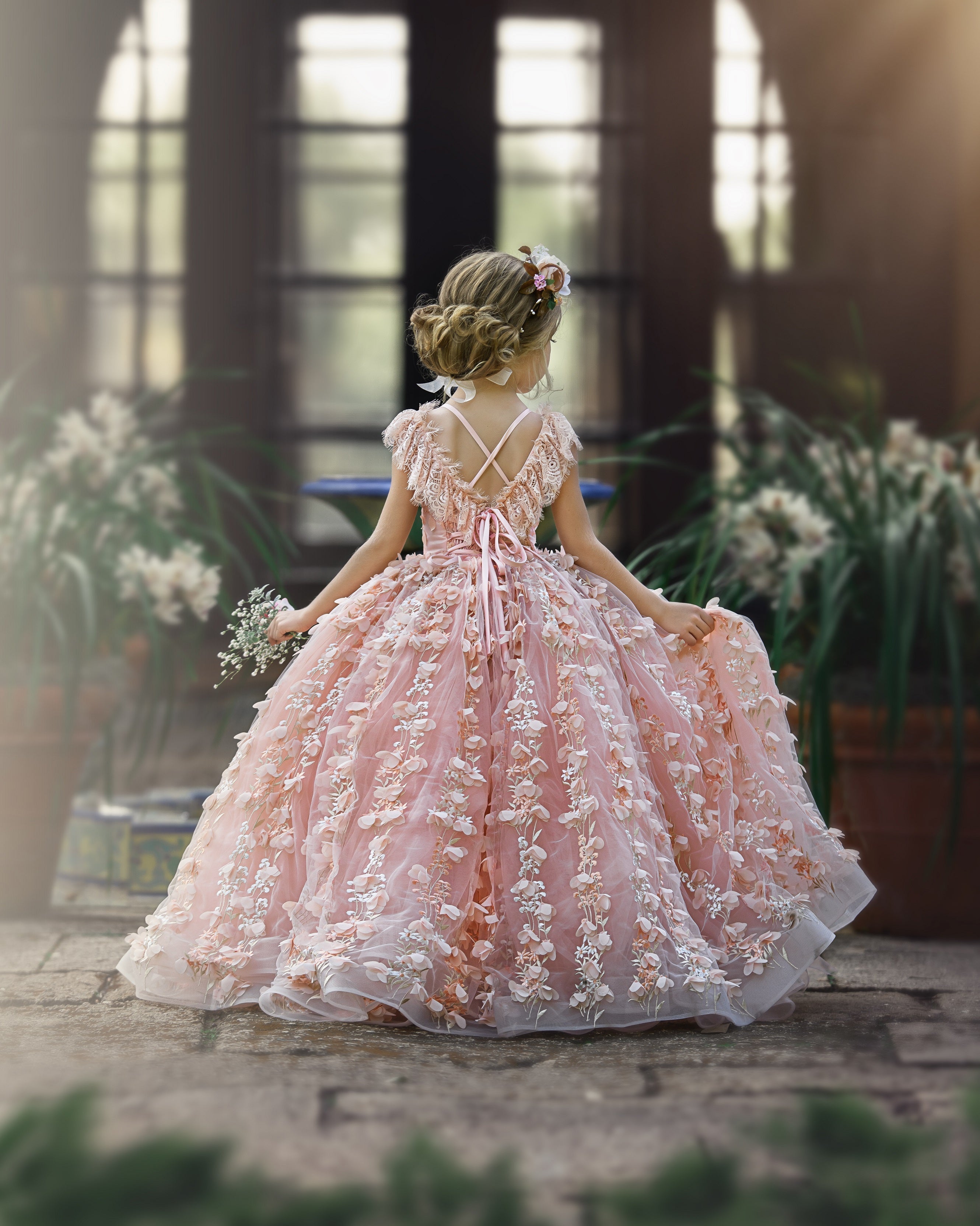 Princess Pink A-line Cap Sleeves Lace Flower Girls Dress - Fashionpara