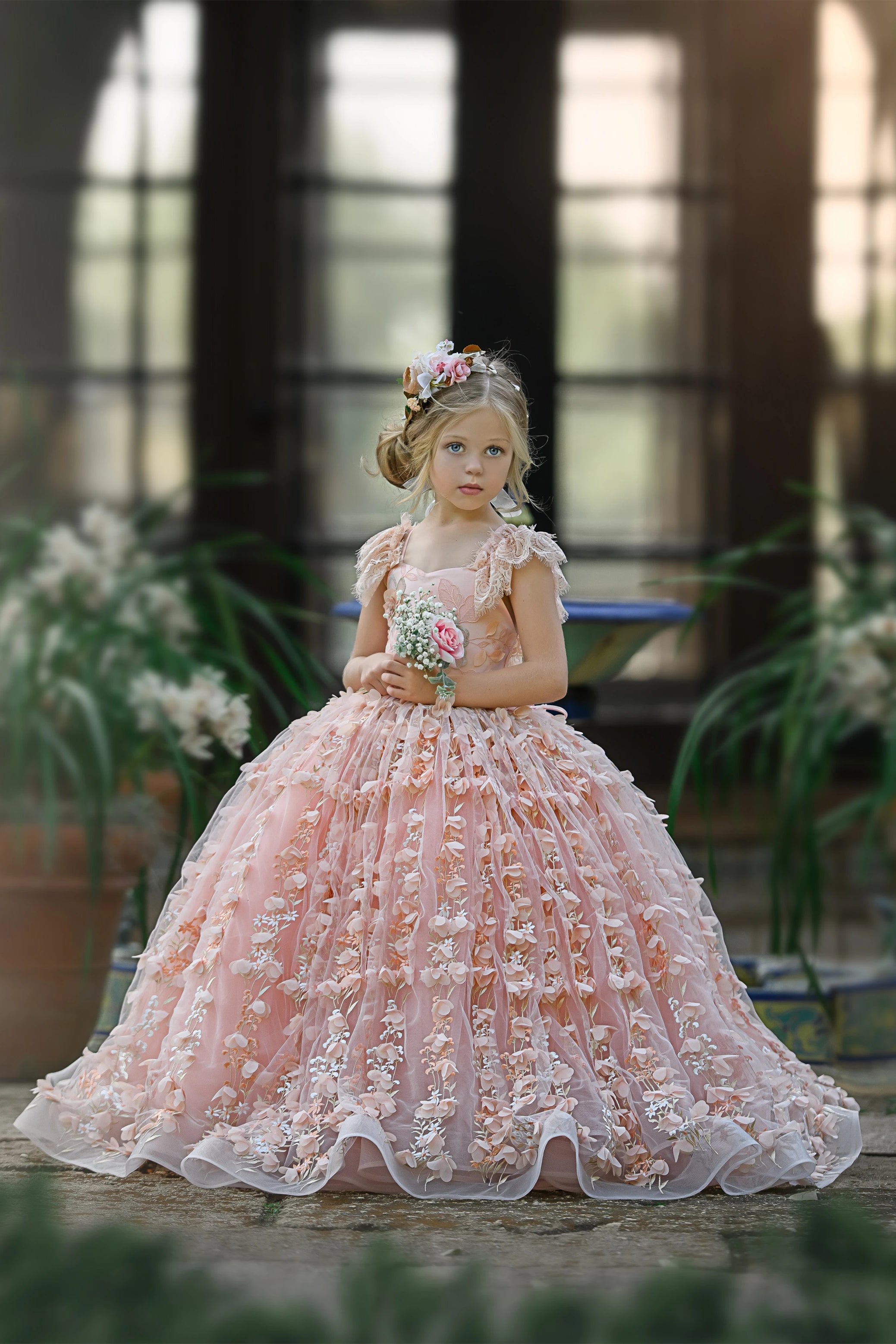 Princess Pink A-line Cap Sleeves Lace Flower Girls Dress - Fashionpara