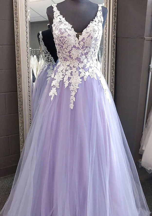 Princess V-Neck Tulle Prom Dress/Evening Dress With Appliqued Laced - Fashionpara