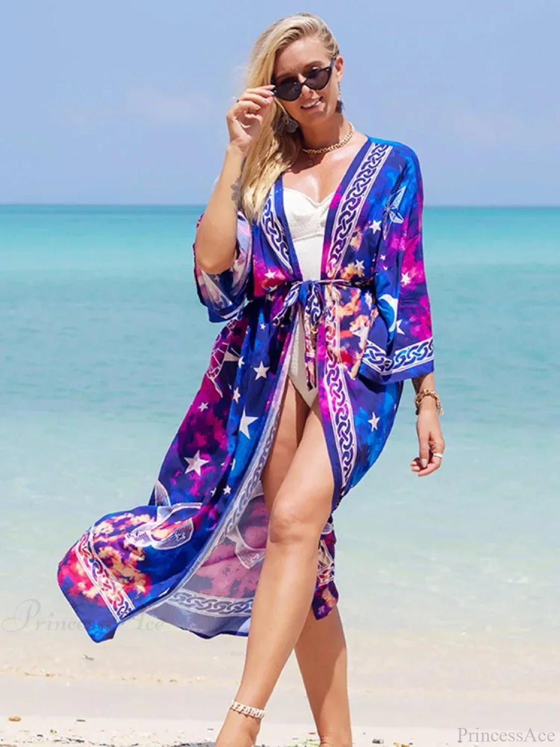 Printed Lace Up Bikini Cover Up color1 / One Size