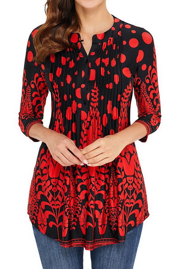 Printed Long Cropped Sleeves Pleated Top