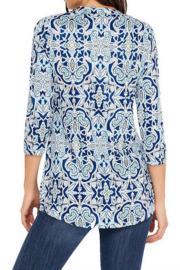 Printed Long Cropped Sleeves Pleated Top