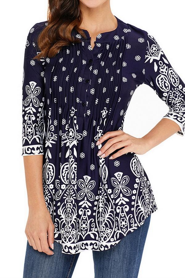 Printed Long Cropped Sleeves Pleated Top