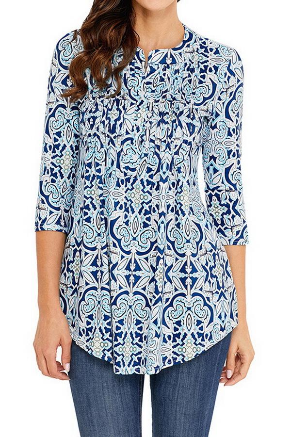 Printed Long Cropped Sleeves Pleated Top