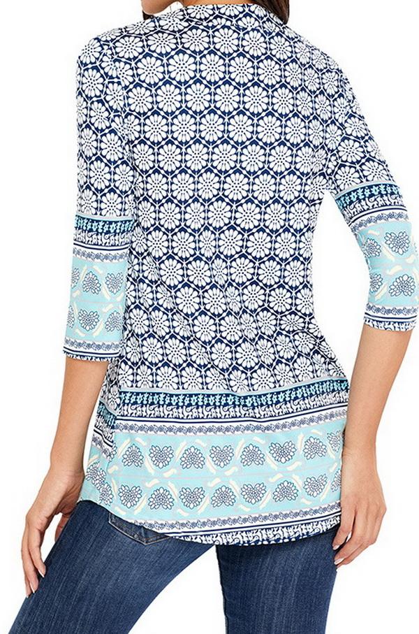 Printed Long Cropped Sleeves Pleated Top