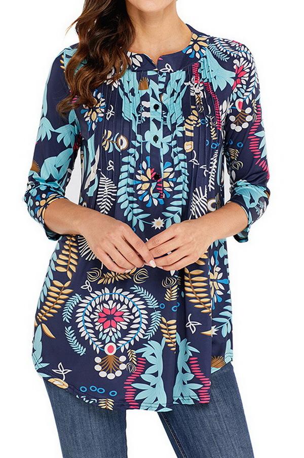 Printed Long Cropped Sleeves Pleated Top