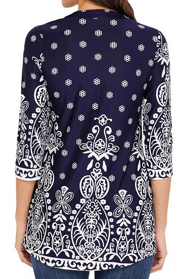 Printed Long Cropped Sleeves Pleated Top