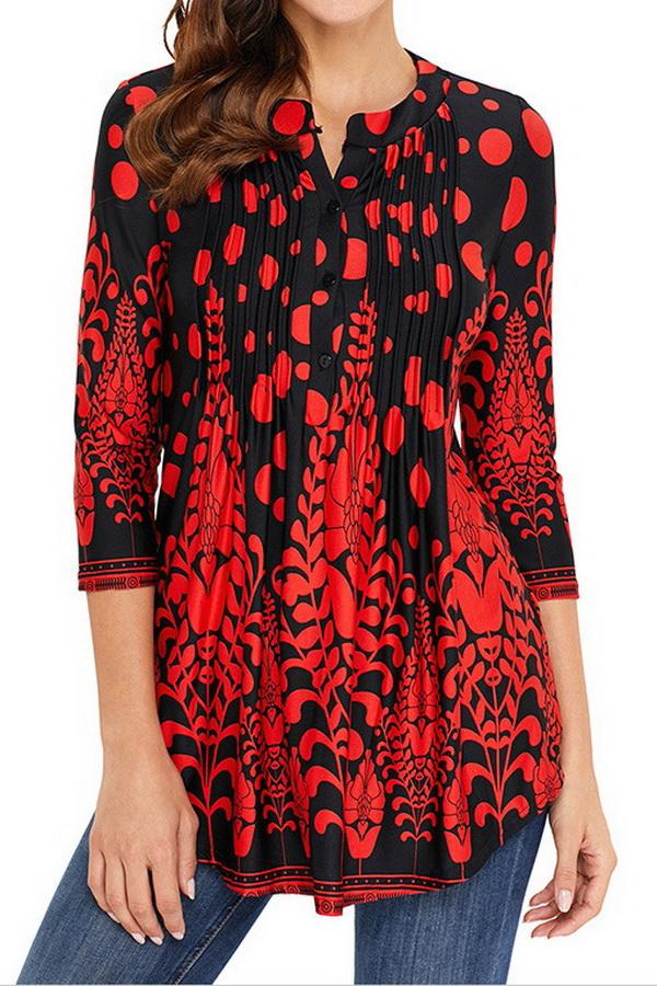 Printed Long Cropped Sleeves Pleated Top