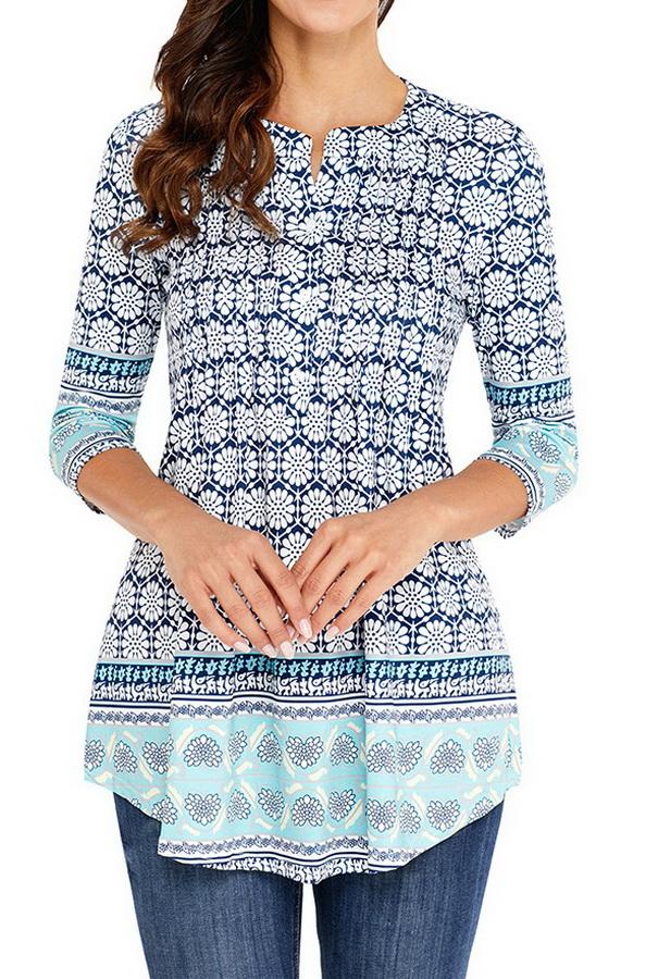 Printed Long Cropped Sleeves Pleated Top