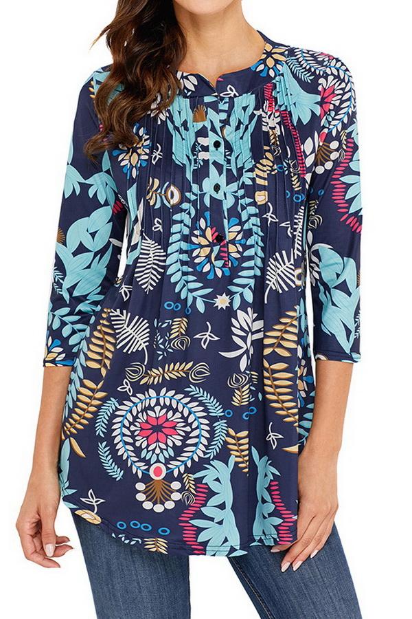 Printed Long Cropped Sleeves Pleated Top