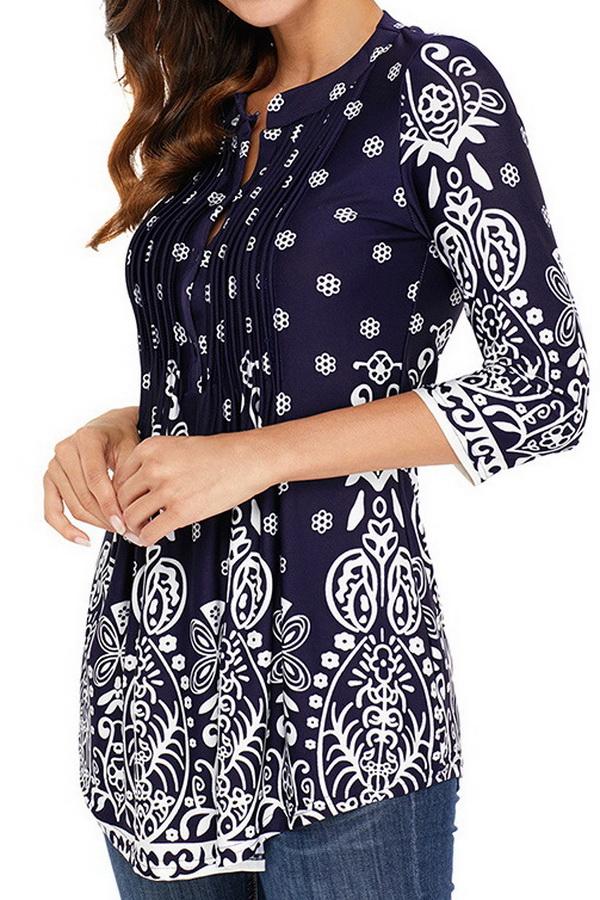 Printed Long Cropped Sleeves Pleated Top