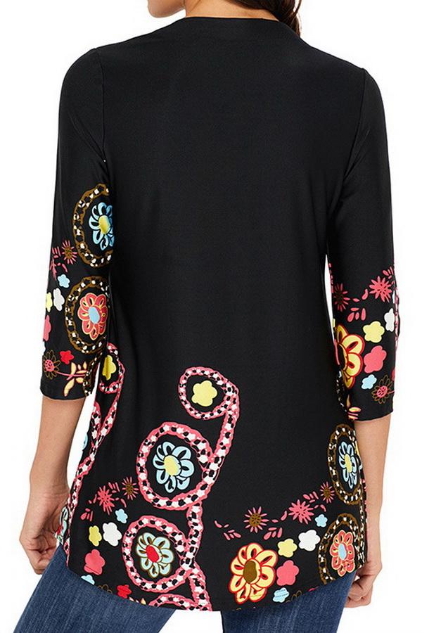 Printed Long Cropped Sleeves Pleated Top