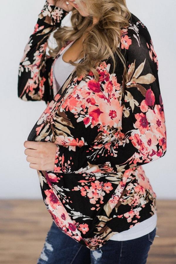 RadyRin Women's Printed Long Sleeve Loose Cardigan Blouse