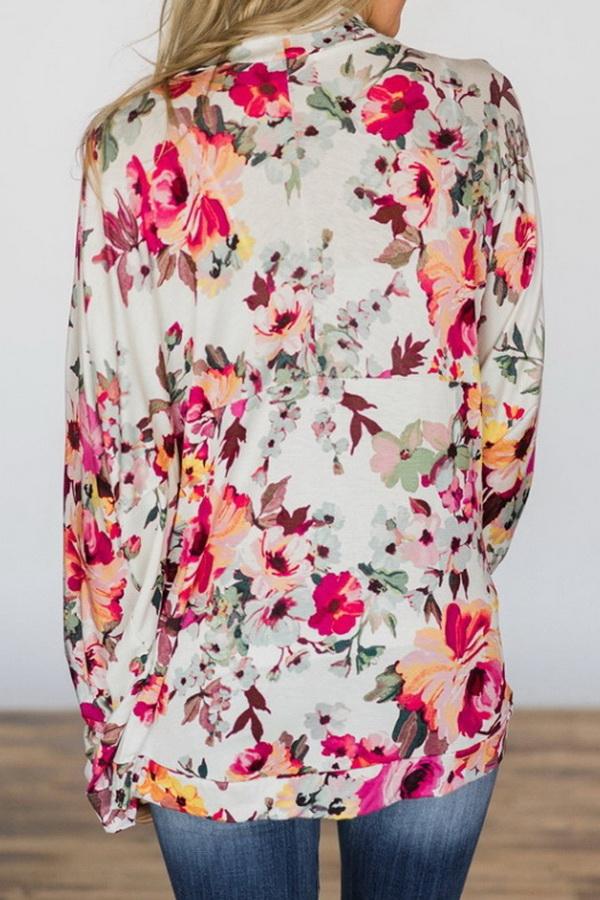 RadyRin Women's Printed Long Sleeve Loose Cardigan Blouse