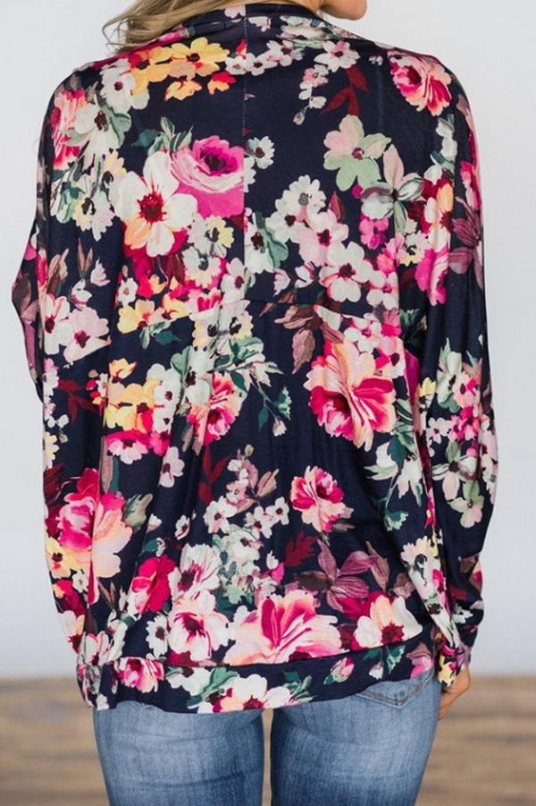 RadyRin Women's Printed Long Sleeve Loose Cardigan Blouse