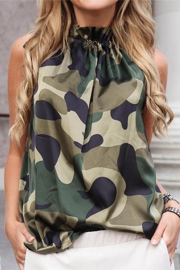 Printed Off-shoulder Slim Sleeveless T-shirt