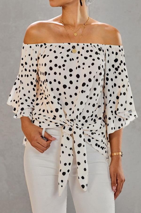 Printed Off-the-shoulder Cropped Sleeves Knotted Top