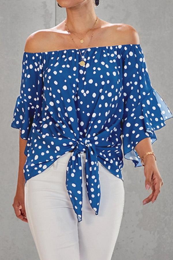 Printed Off-the-shoulder Cropped Sleeves Knotted Top