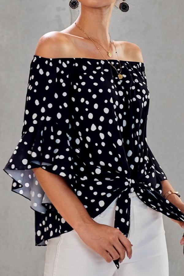 Printed Off-the-shoulder Cropped Sleeves Knotted Top